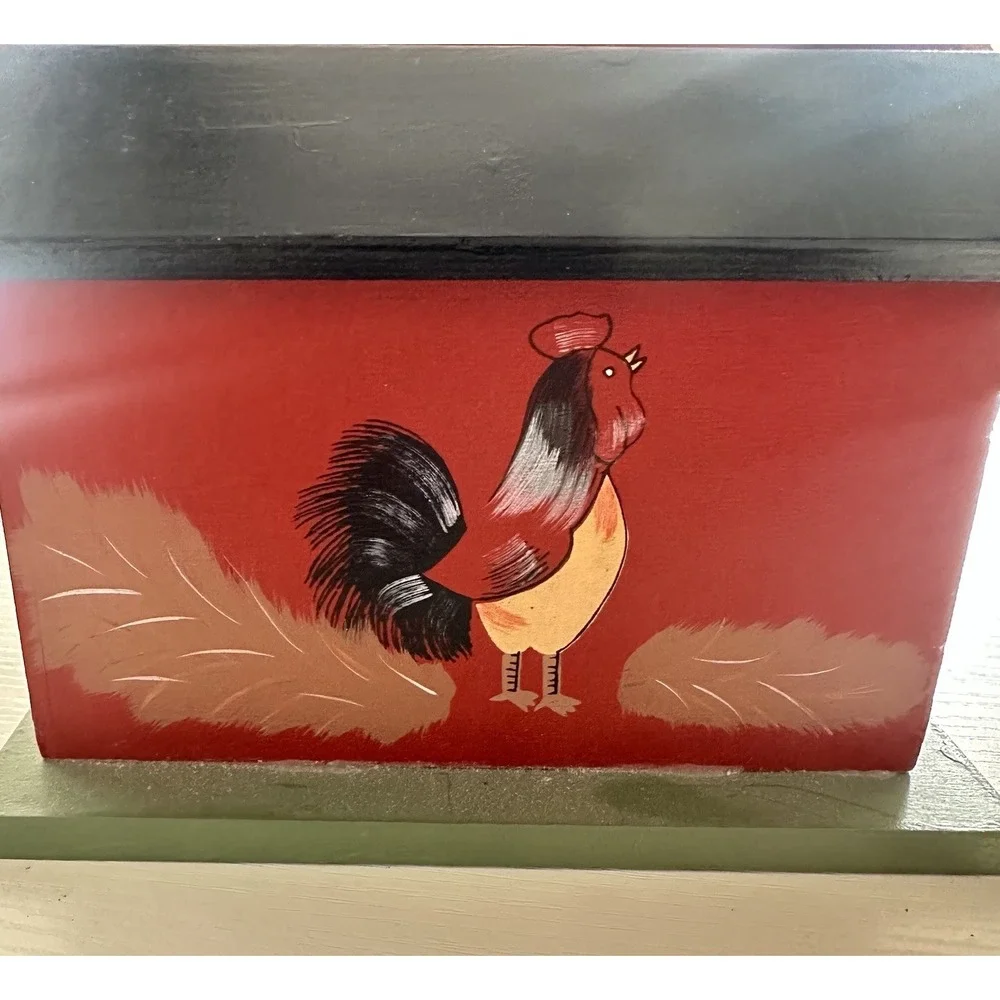 Vintage Red Painted Wood Rustic Recipe Box Hinged Lid HandPainted Rooster Design